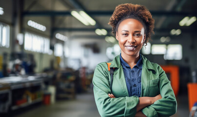 happy female auto mechanic standing confidently.
