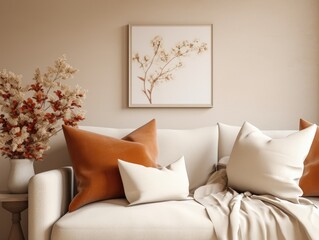 This photo captures a modern living room featuring a white couch adorned with vibrant orange pillows.