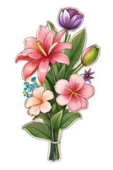 A beautiful sticker with a bouquet of flowers. Tulips, lilies. Isolated.