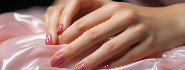 wide manicure banner background image with beautiful fingers of a lady hand with polished red color ails and smooth skin color 