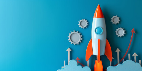 3D model of rocket rockets rocketing upwards with charts on blue background concept of financial take off growth, luck in the