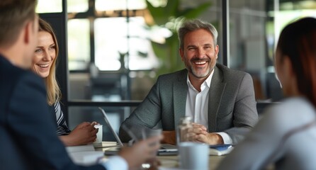 Smiling businessman with another diverse businesspeople having a discussion while collaborating on a new project in an corporate office.