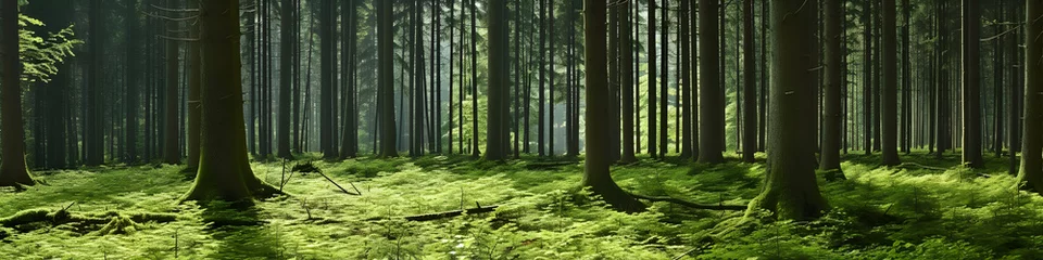 Fotobehang bamboo forest in the morning, sunset. pine. green relaxing. background, horizontal, landing page, banner © Lexxx20