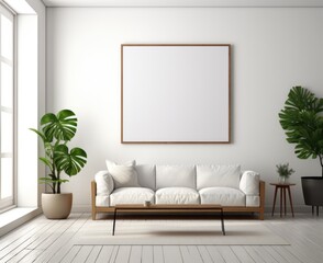 A well-lit living room featuring a white couch and various potted plants positioned near the windows.