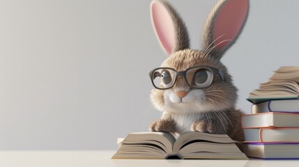A rabbit wearing glasses sitting on top of a pile of books
