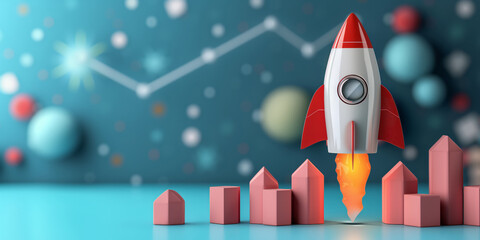 3D model of rocket rockets rocketing upwards with charts on blue background concept of financial take off growth, luck in the