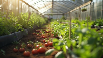 A greenhouse filled with lots of green and red tomatoes