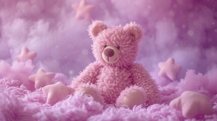 A pink teddy bear sitting on a fluffy pink blanket