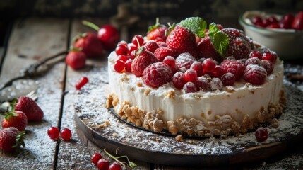 A cake topped with raspberries and powdered sugar