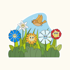 grass and flowers in the meadow with bird ,sticker,vector illustration