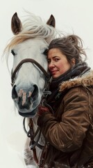 A woman is hugging a horse in the snow