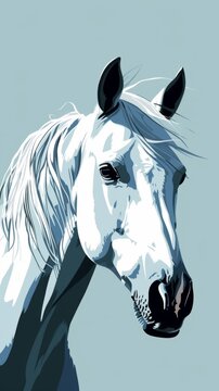 A painting of a white horse with black ears
