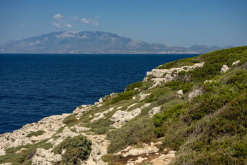 Fototapeta na wymiar Greece, Zakynthos, Road to skinari lighthouse at zakynthos island north cape. Cape Skinari With Views Across The Sea To Kefalonia, Zakynthos