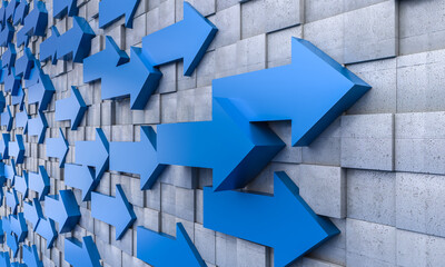 blue arrows on mosaic concrete wall. - obrazy, fototapety, plakaty