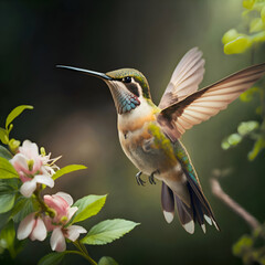 beautiful hummingbird flying near flowers against dark green forest  background . close up. painting style. Ai generated