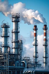 Fototapeta premium Petrochemical oil and gas refinery plant. Aerial shot capturing the scale and precision of the refinery.
