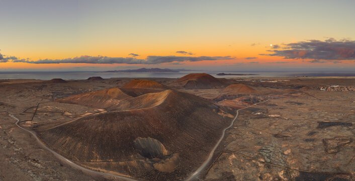 Spectacular sun set image over the volcanic mountains near Corralejo, Fuerteventura, Canary Islands, Spain