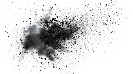 Black chalk pieces and dust flying, effect explode isolated on white - obrazy, fototapety, plakaty