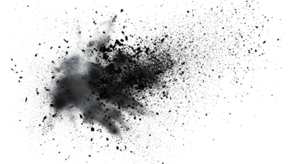 Black chalk pieces and dust flying, effect explode isolated on white