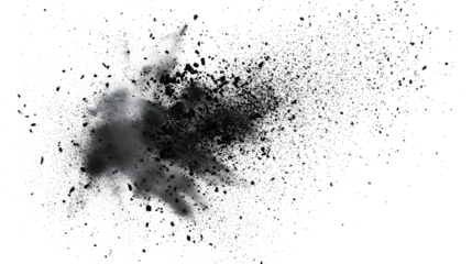 Rolgordijnen Black chalk pieces and dust flying, effect explode isolated on white © john