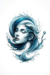 Digital art of a woman's face with serene expression, composed of swirling water elements, capturing the essence of tranquility and the fluidity of nature.Digital art concept. AI generated.