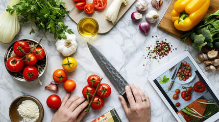 A detailed flat lay of culinary education tools including a chefs knife fresh ingredients recipe books and a digital tablet displaying a cooking tutorial on a marble countertop. - obrazy, fototapety, plakaty
