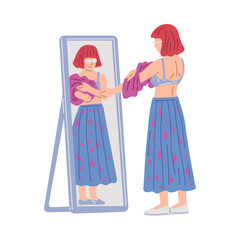 Young woman wearing a sweater near the mirror, vector happy girl dressing or changing apparel, getting ready