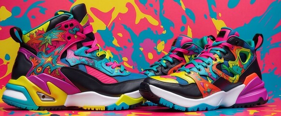 Digitally generated image of shoes with splashing colorful paints.