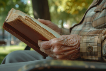 An elder's wrinkled hands tenderly hold an open book, suggesting a moment of peaceful reading in the tranquility of a garden setting.