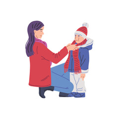 Mother dresses the child, helping boy son to dress up warm clothes, vector parent ties a scarf, button up kid jacket