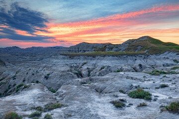 Sunset in the High Plains prairie landscape of Badlands National Park South Dakota, USA