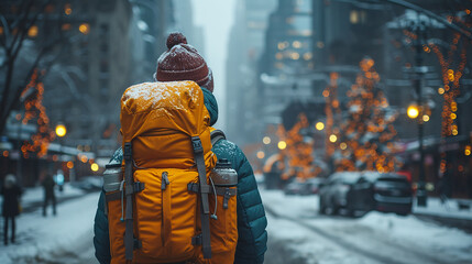 Obraz premium Backpacker man walking in city background in winter