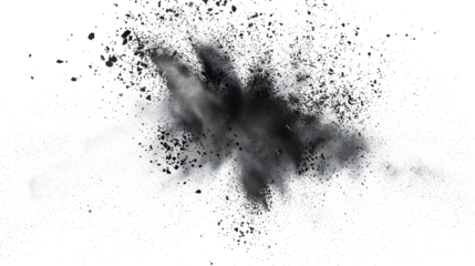 Black chalk pieces and powder flying, explosion effect isolated on white, 