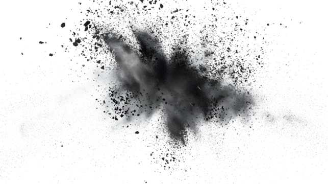 Black chalk pieces and powder flying, explosion effect isolated on white, 