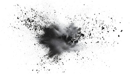 Black chalk pieces and powder flying, explosion effect isolated on white - obrazy, fototapety, plakaty