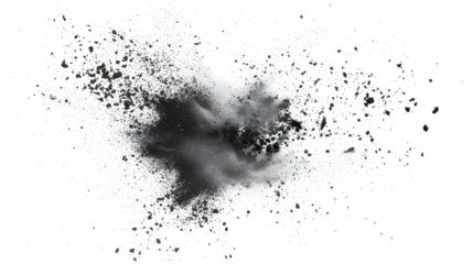 Black chalk pieces and powder flying, explosion effect isolated on white