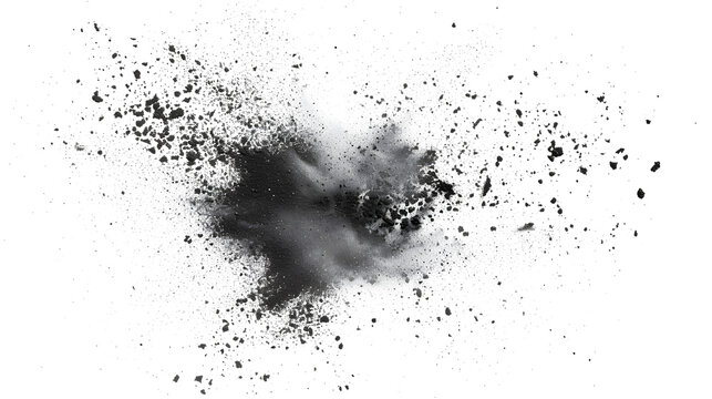 Black chalk pieces and powder flying, explosion effect isolated on white