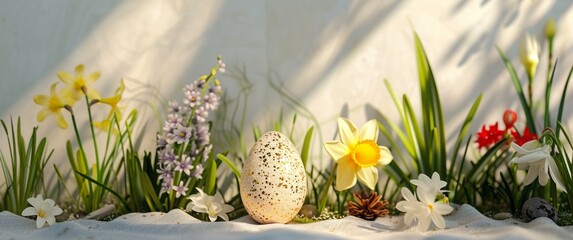 Easter Still Life in White Studio Setting - Pure White Egg Surrounded by Delicate White Lilies and Tulips - Soft, Diffused Lighting Creating Ethereal Ambiance - Dreamy and Elegant Digital Illustration