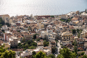  Zakynthos town city. Harbor of  Zakynthos town seen from bochali view point, Greece. Panorama of the Zante Zakynthos town in Greece.