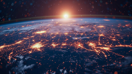 Fototapeta premium view of planet earth in a web of city lights, heat map of the globe