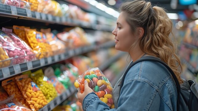 An obese female purchasing candies at a store of groceries and space, Generative AI.