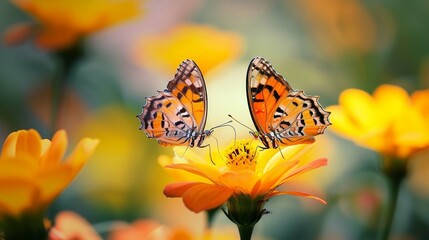 
A couple of butterflies sucking fresh nectar on a bright yellow flower