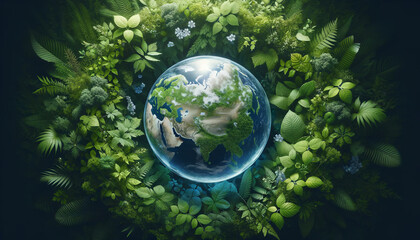 Obraz na płótnie Canvas Ecology. Environment. A glass globe encircled by verdant forest flora. Concept.