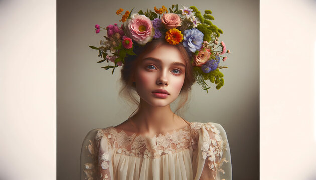 A girl with flowers on her head. Spring background. Symbol.