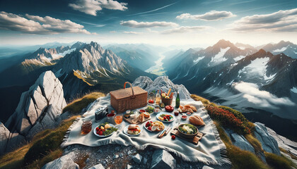 A picnic on the top of a mountain. Extreme. Concept. Lifestyle. - obrazy, fototapety, plakaty