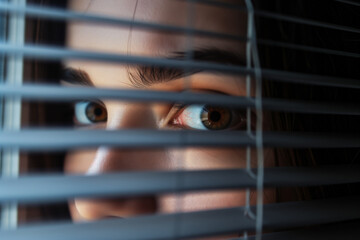 And a close-up of the eyes through the blinds, a girl looking through a closed window