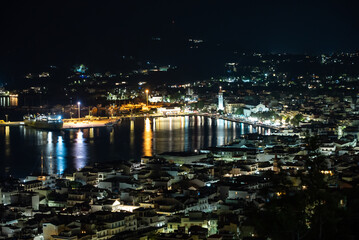  Zakynthos town city at night.  Harbor of  Zakynthos town seen from bochali view point, Greece. Night Panorama of the Zante Zakynthos town in Greece.