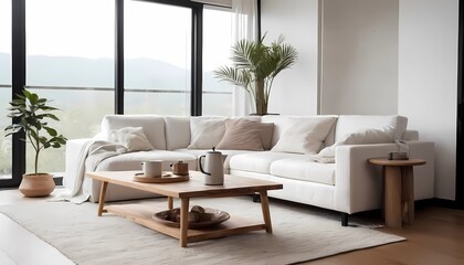 Fototapeta premium Rustic coffee table near white fabric sofa against window. Japandi style home interior design of modern living room