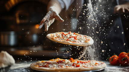 A dynamic shot of a pizza being tossed in the air by a skilled pizzaiolo showcasing the traditional method of stretching the dough.