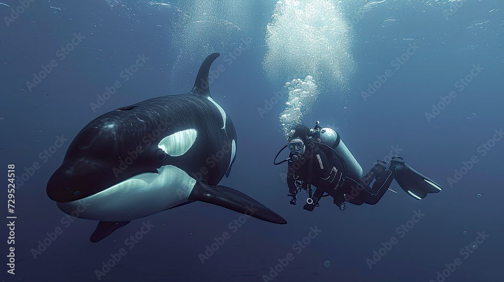 Wall mural Diver swimming with orca generative ai - Wall murals